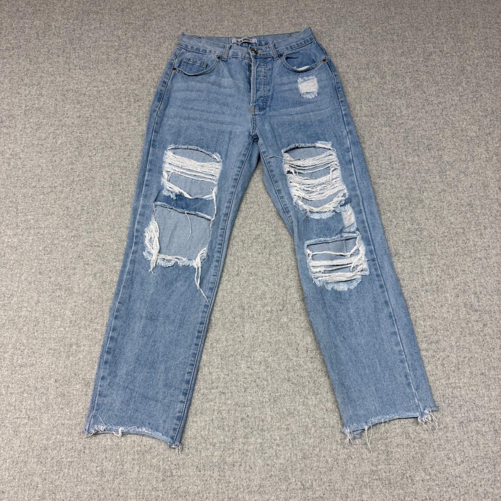 Blue Savvy Distressed Straight Leg Jeans 3/26 Blue High Rise Raw Hem Button Fly